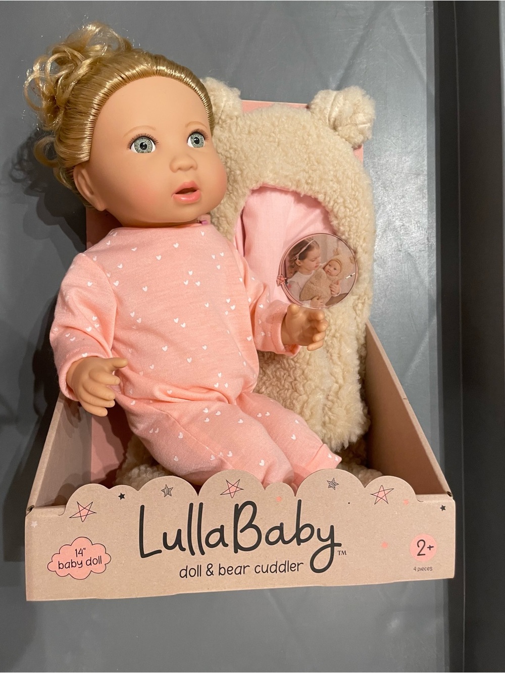 LullaBaby 14" Baby Doll with Blonde Hair and Blue Eyes with a Cuddler Wrap New